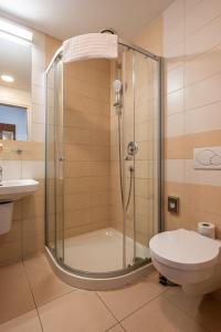 a bathroom with a shower with a toilet and a sink at Ruby Blue in Ostrava