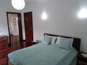 a bedroom with a large bed with blue pillows at Ares Vieira in Vieira do Minho