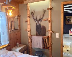 a room with a bed with a deer head on the wall at Chalet Ariane in Blatten bei Naters