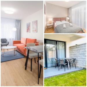 two pictures of a living room and a bedroom at Apart111 Apartamenty - Garden in Kołobrzeg