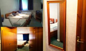 due foto di una camera con due letti e uno specchio di Hotel Imzit Dobrinja a Sarajevo