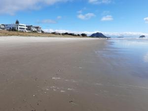 uma praia arenosa com casas ao fundo em The Practice Fairway em Tauranga