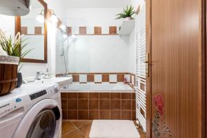 ein Badezimmer mit einer Waschmaschine und einer Badewanne in der Unterkunft Apartmán Dream v Mikulově - Jiné ubytování Lednice in Mikulov