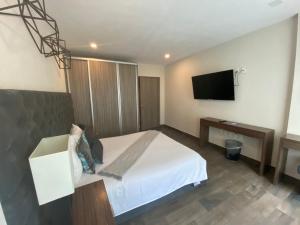 Habitación de hotel con cama y TV de pantalla plana. en Suites Rio Elba en Ciudad de México