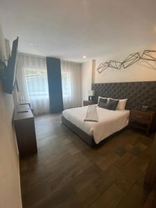 een slaapkamer met een groot bed en een houten vloer bij Suites Rio Elba in Mexico-Stad