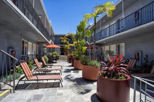 eine Terrasse mit Stühlen und Pflanzen auf einem Gebäude in der Unterkunft SureStay Hotel by Best Western Santa Monica in Los Angeles