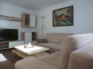Una sala de estar con un sofá y una mesa de café. en Ferienwohnung Wieker Bodden, en Dranske