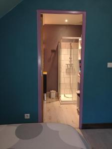een badkamer met een douche en een blauwe muur bij Domaine de Fontenelay in Gézier-et-Fontenelay