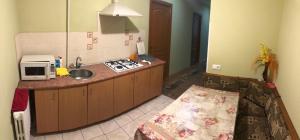 a kitchen with a sink and a counter with a microwave at Magnolia Truskavets in Truskavets