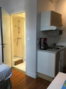 a small kitchen with a shower and a sink at La Villa Esponda in Saint-Jean-Pied-de-Port