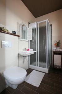 uma casa de banho com um WC, um chuveiro e um lavatório. em Tre colline in langa em Bubbio mais 9 fotografias