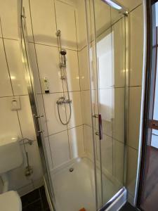 ein Badezimmer mit Dusche und Toilette in der Unterkunft Hotel Filoxenia in Butjadingen + 81 Fotos
