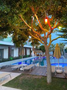 a tree next to a swimming pool with chairs and umbrellas at Zest Exclusive Hotel & Spa in Ortakent