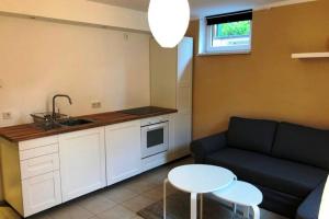 a kitchen and a living room with a couch and a table at Ferienapartment am See mit Yogaraum und Kajak SUP Verleih in Heidesee