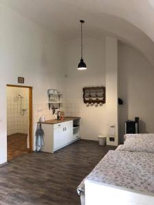 1 dormitorio con 1 cama y cocina. en Penzion a hospoda Na statku, en Hluboká nad Vltavou