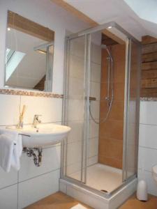 a bathroom with a shower and a sink at Landhaus in der Irlau in Sankt Englmar