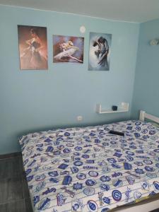 a bed in a bedroom with four pictures on the wall at Apartman Azzuro Vrnjačka Banja in Vrnjačka Banja