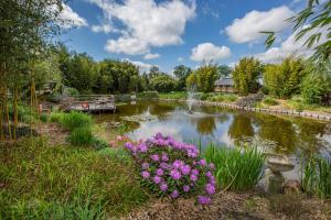a garden with a pond with flowers and a fountain at Glamping tent Romala in Kiel