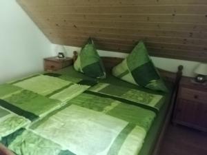 ホルンベルクにあるFerienwohungen im Kuchersbachのベッドルーム1室(緑のシーツと枕が備わるベッド1台付)