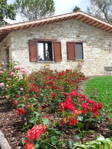 een stenen huis met rode bloemen ervoor bij Agriturismo VILLA MOZART nel verde in Gubbio