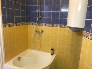 豪伊杜索博斯洛的住宿－薩斯6號公寓，带浴缸和盥洗盆的淋浴浴室