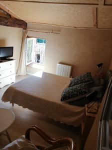 ein Schlafzimmer mit einem großen Bett und einem Fenster in der Unterkunft Chambres d'hôtes "La Source" in Mareuil-sur-Lay