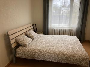 een bed met twee kussens naast een raam bij Apartment in private house near the beach and river in Jūrmala