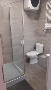 La salle de bains est pourvue d'une douche et de toilettes. dans l'établissement Kuchciak Apartments, à Gdańsk