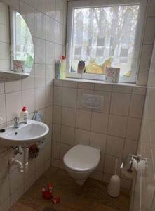 a bathroom with a toilet and a sink and a window at Ferienwohnung Fuchsbau in Konzell