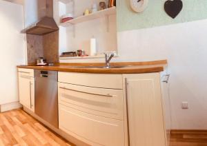 cocina con fregadero y encimera en Ferienwohnung Jette mit Wallbox, en Hanstedt