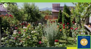 a garden of flowers with a sign in the foreground at Guest house Hasmik in Yeghegnadzor