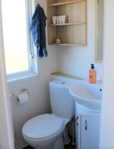 a white bathroom with a toilet and a sink at Visingsö Villavagnar in Visingsö