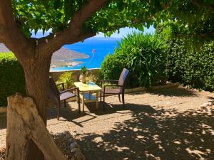 a table and chairs under a tree with a view of the ocean at Luxus Tholos Bay in Thólos
