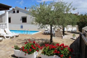 a villa with a pool and a tree and red flowers at Apartments Kimm in Poreč