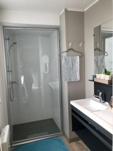 ドリュ・ドレロンにあるCamping Les Cercellesのバスルーム(ガラス張りのシャワー、シンク付)