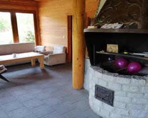 a living room with a stone fireplace in a house at Ośrodek wypoczynkowy "Źródła Dobrej" in Olesno
