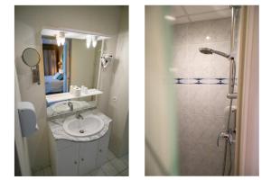 two pictures of a bathroom with a sink and a shower at The Originals Boutique, Hôtel Neptune, Berck-sur-Mer in Berck-sur-Mer