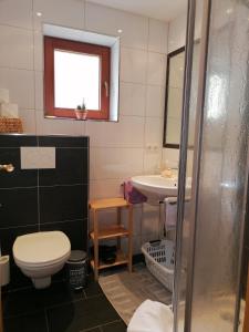 łazienka z toaletą i umywalką w obiekcie Haus Melanie w mieście See