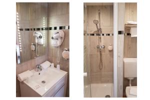 two pictures of a bathroom with a shower and a sink at The Originals Boutique, Hôtel Neptune, Berck-sur-Mer in Berck-sur-Mer