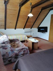 a room with a couch and a tv and a table at House Jezerka in Jezerce