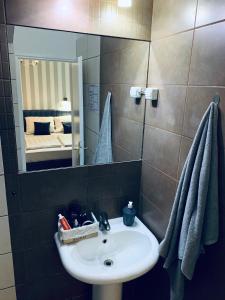 a bathroom with a sink and a mirror at Hostel Sova in Novi Sad