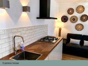 a kitchen with a stove top oven and a sink at Es Vedra in Noordwijk aan Zee