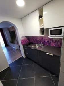 a kitchen with a sink and a microwave at Apartments Bernard in Bled