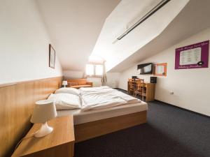 a bedroom with a large bed in an attic at Penzion Atlas in Liptovský Mikuláš