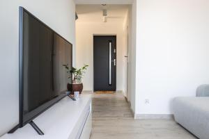 a large flat screen tv sitting on a dresser in a living room at Apartament u Rudej in Tolkmicko +2 photos