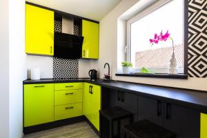 托爾克米茨科的住宿－Apartament u Rudej，厨房设有黄色橱柜和窗户。