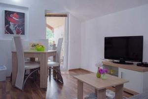 a living room with a television and a table with chairs at Apartment Dil in Kulen Vakuf