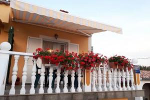 a balcony with red flowers on a white fence at Apartments Nella in Sveti Anton +67 photos