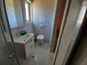 a bathroom with a sink and a toilet and a mirror at Apartments Tanja in Zavalatica