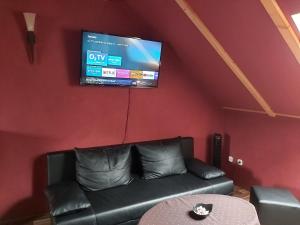uma sala de estar com um sofá e uma televisão de ecrã plano em HummelCasa Ferienhaus Bayreuth em Pittersdorf